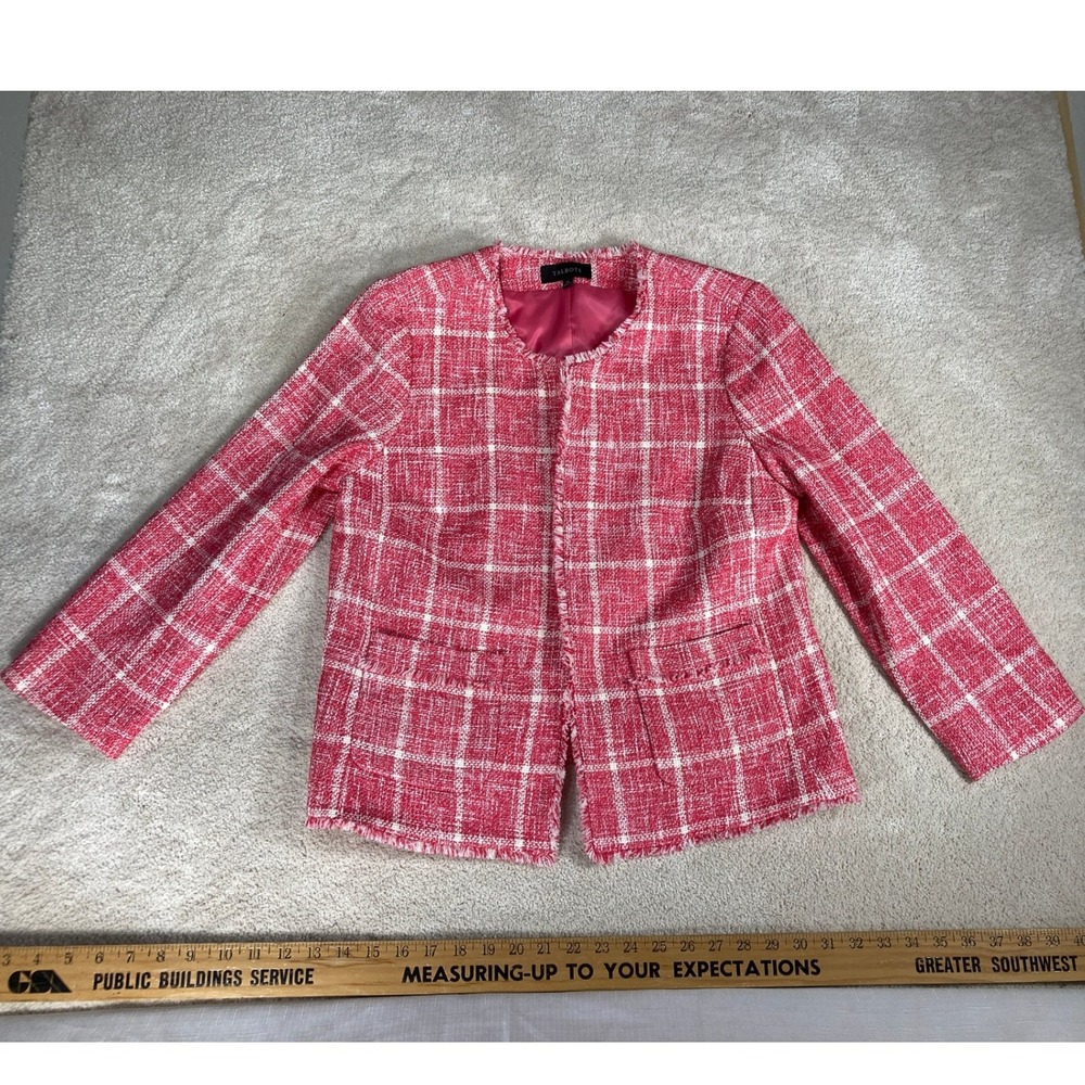 Talbots Pink White Plaid Tweed Fringe Trim Open Front‎ Jacket Womens Size 10